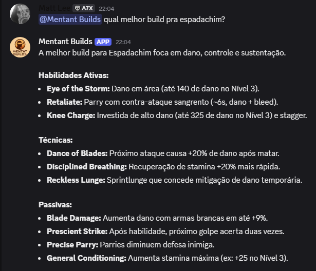 Exemplo de uso do bot Mentat Builds no Discord